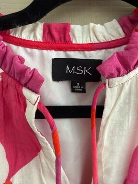 MSK Pink & White Tie-Neck Ruffle Top